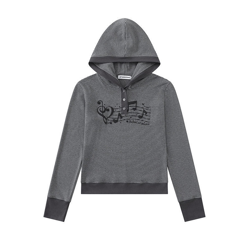 Damen Kapuzen-Henley-Pullover aus leichtem Streifenjersey mit Musik-Print Shop Nory