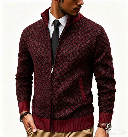 Herren Strukturierte Strickjacke mit Stehkragen und Diamant-Jacquard Shop Nory