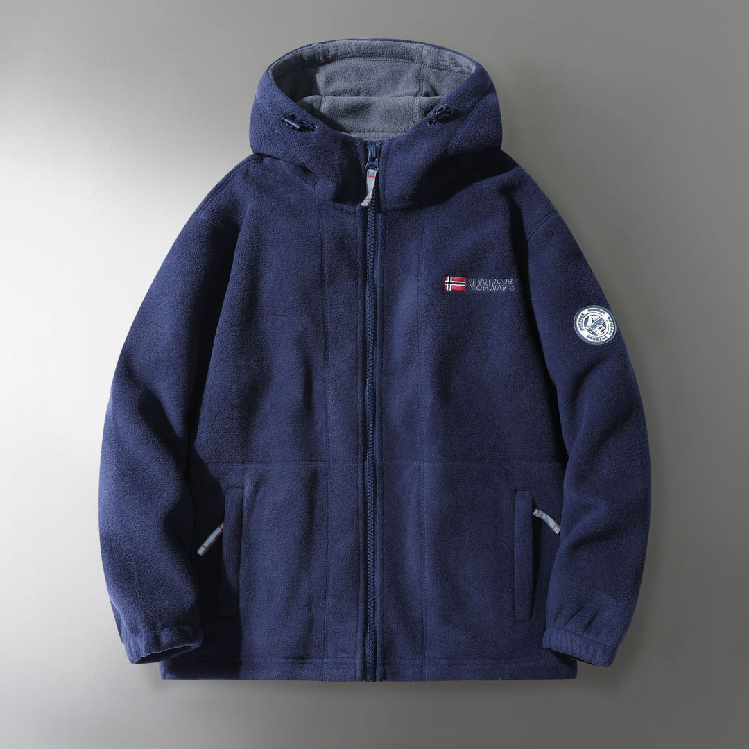 Herren Microfleece-Outdoorjacke mit Kapuze, windabweisender Struktur und Logo-Patch Shop Nory
