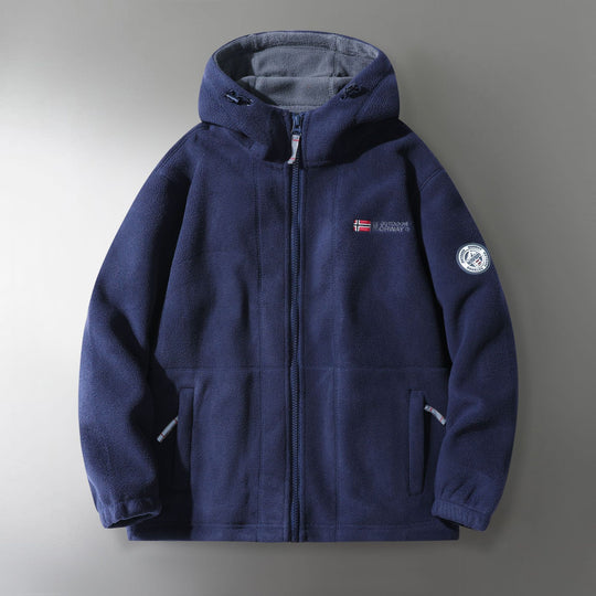 Herren Microfleece-Outdoorjacke mit Kapuze, windabweisender Struktur und Logo-Patch Shop Nory