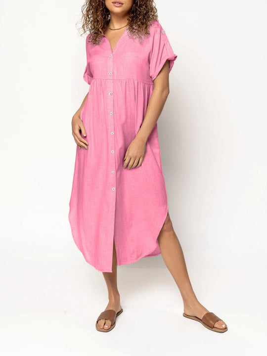 Damen Midikleid mit Knopfleiste, V‑Ausschnitt und legerer Babydoll-Passform Shop Nory