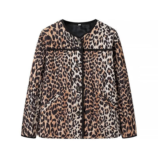 Damen Kurzjacke mit Leo‑Alloverprint, Rundhalsausschnitt und kontrastierender Paspel Shop Nory