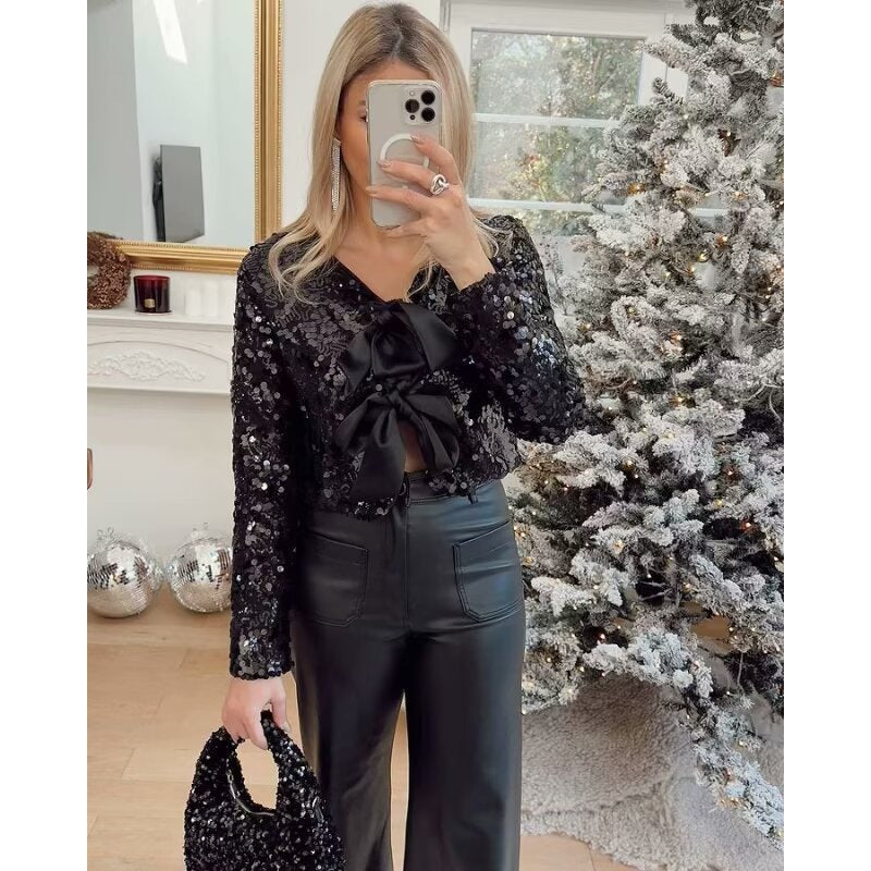 Damen Kurz geschnittene Pailletten-Bolerojacke mit dreifachen Satinschleifen und gefüttertem Innenfutter Shop Nory