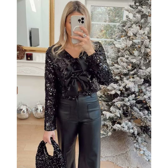 Damen Kurz geschnittene Pailletten-Bolerojacke mit dreifachen Satinschleifen und gefüttertem Innenfutter Shop Nory