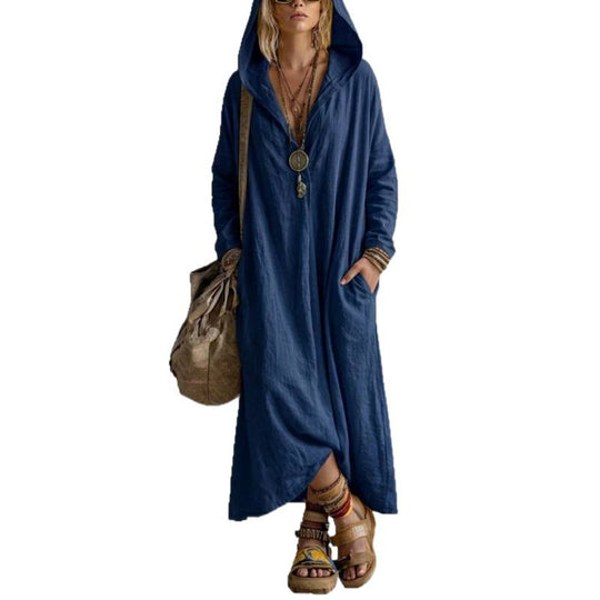 Damen Langes Kapuzenkleid im Boho-Look mit V-Ausschnitt, Eingrifftaschen und lockerem Fall Shop Nory