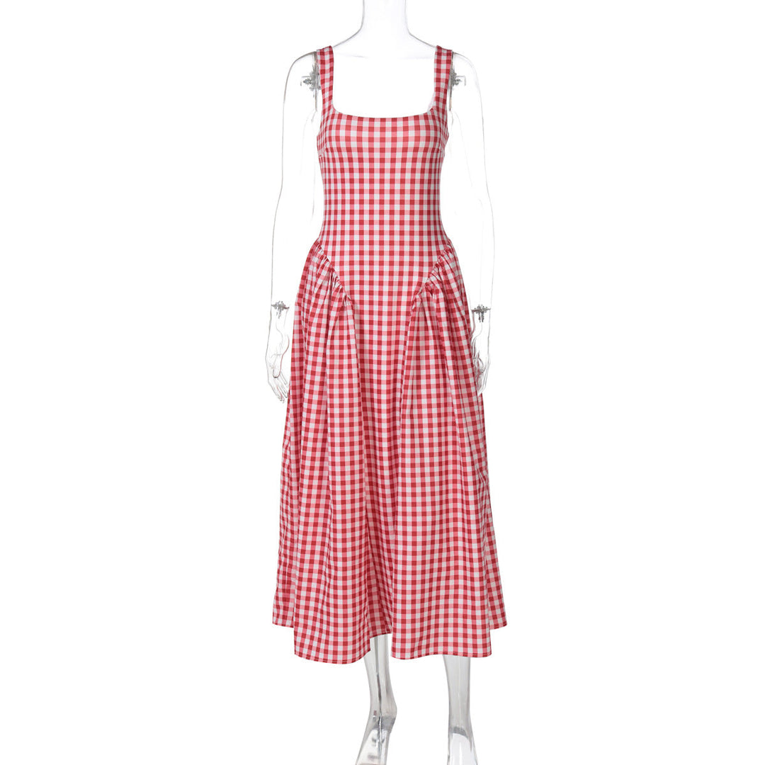 Damen Sommerliches Maxikleid mit Karo-Design und seitlichen Raffungselementen