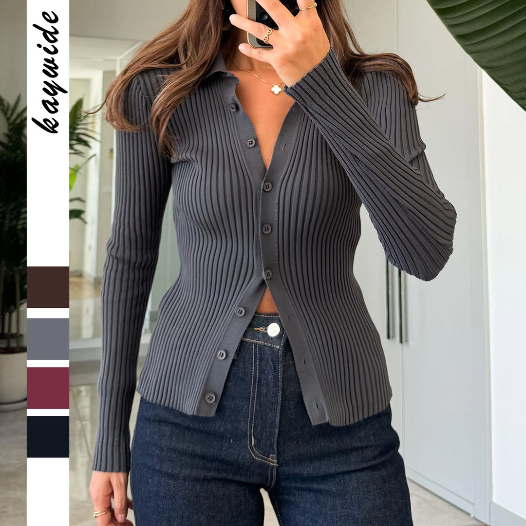 Damen nan taillierter Rippstrick-Cardigan mit verdeckter Knopfleiste und wellenförmigem Saum Shop Nory