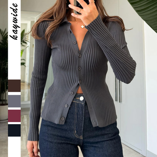 Damen nan taillierter Rippstrick-Cardigan mit verdeckter Knopfleiste und wellenförmigem Saum Shop Nory