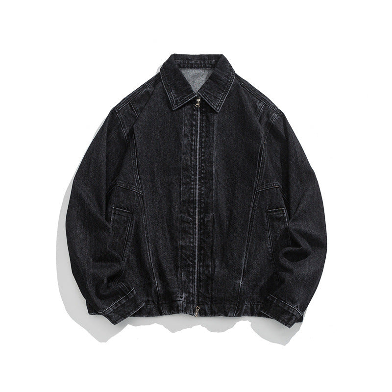 Unisex Kurz geschnittene Denim-Workerjacke mit durchgehendem Reißverschluss und kastiger Silhouette Shop Nory