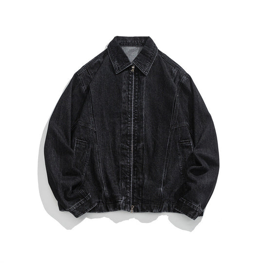 Unisex Kurz geschnittene Denim-Workerjacke mit durchgehendem Reißverschluss und kastiger Silhouette Shop Nory