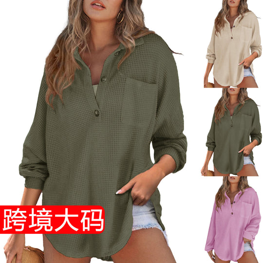 Damen Oversize Waffelstrick-Hemdbluse mit Kentkragen, Brusttasche und gerundetem Saum Shop Nory
