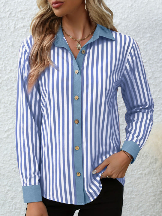 Damen Gestreifte Bluse mit Knotenfront, Kontrastkragen und knöpfbarer Hemdleiste Shop Nory