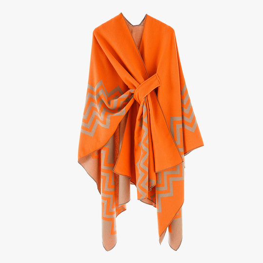 Damen Oversize Rechteck-Cape mit Jacquard-Zickzackmuster und Bindegürtel Shop Nory