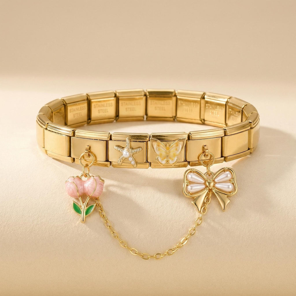 Flexibles Gliederarmband Aus Edelstahl mit Charms und Hochglanzfinish