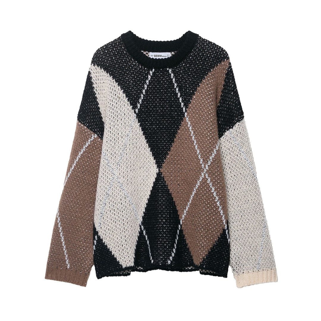 Damen Grobgestrickter Argyle-Pullover mit Rundhalsausschnitt und Oversize‑Silhouette Shop Nory