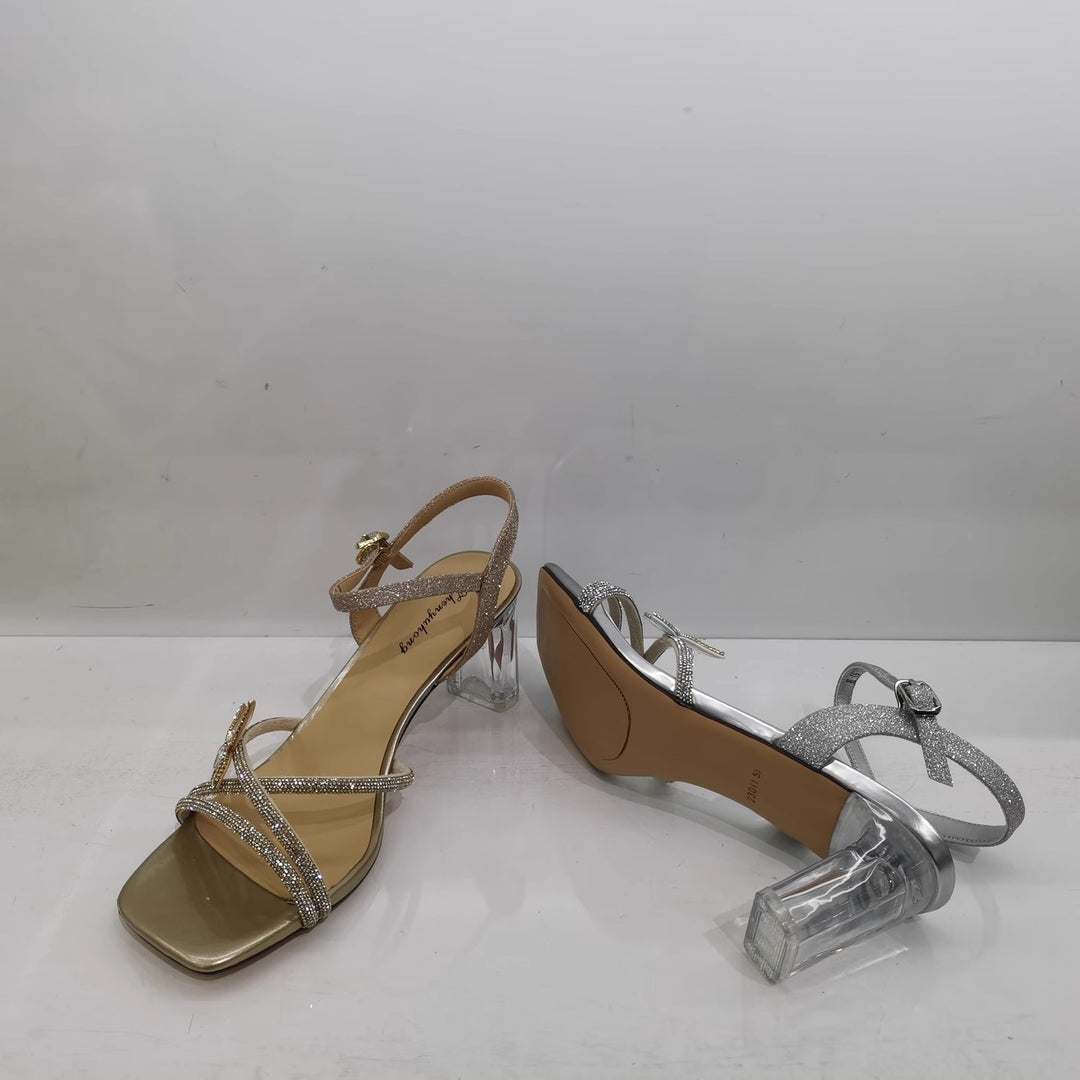 Damen Sandalette mit transparentem Blockabsatz, quadratischer Zehenbox und funkelnden Riemchen Shop Nory