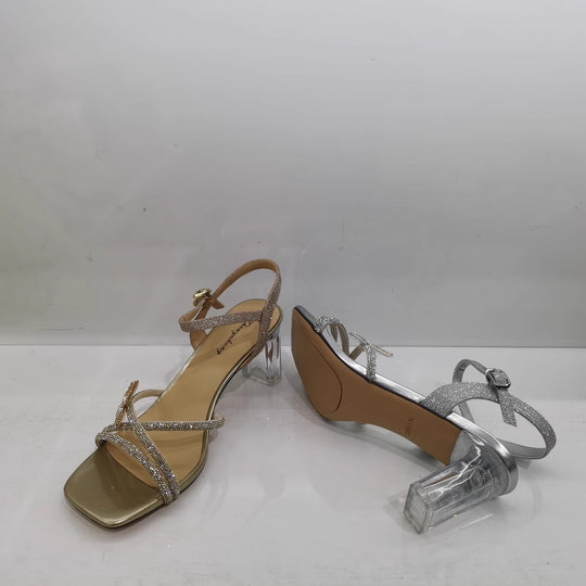 Damen Sandalette mit transparentem Blockabsatz, quadratischer Zehenbox und funkelnden Riemchen Shop Nory