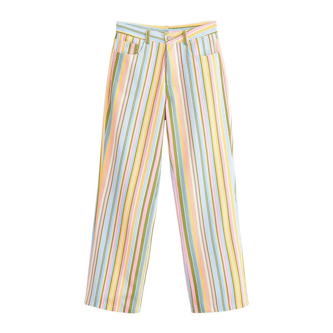 Damen Gestreifte Palazzo-Hose mit weitem Bein, hohem Bund und Gürtelschlaufen Shop Nory
