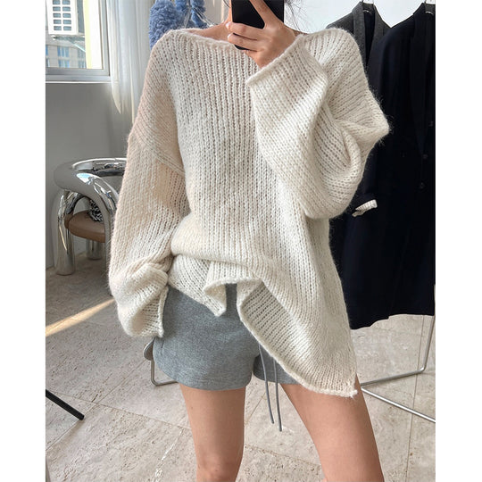 Damen Grobgestrickter Oversize-Pullover mit Rundhalsausschnitt und verlängertem Saum Shop Nory