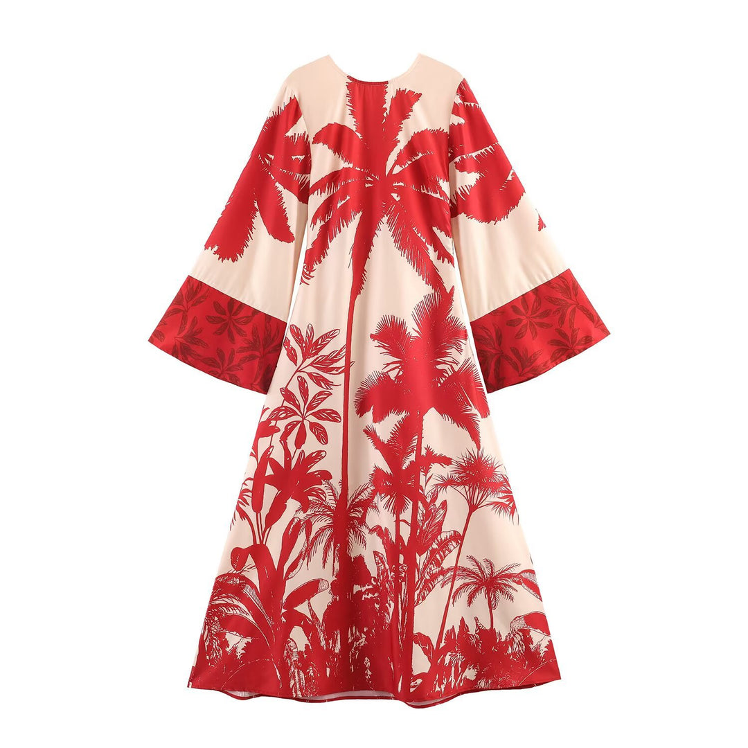 Damen Midikleid im Kimono‑Stil mit weitem Glockenärmel und tropischem Palmendruck Shop Nory