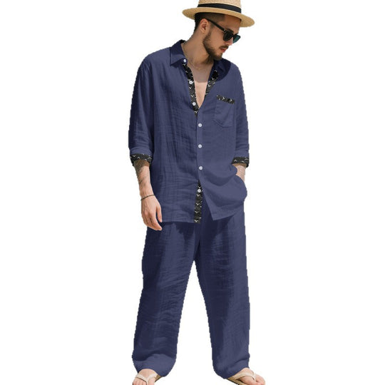 Herren Leinenoptik-Loungewear-Set mit Kordelzughose und offenem Hemdjacke Shop Nory
