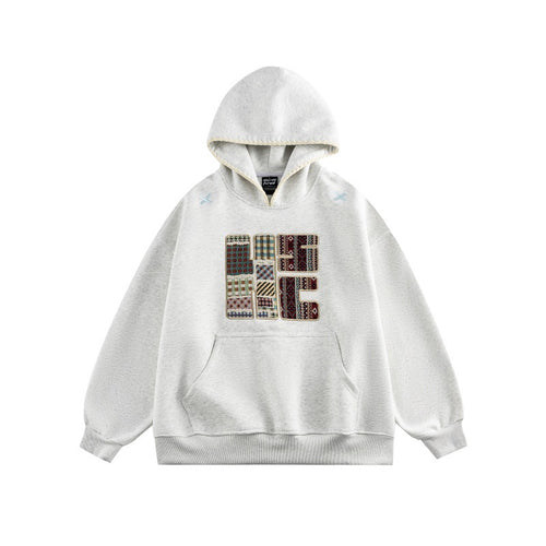 Unisex Weit geschnittener Kapuzenpullover mit Patchwork-Applikation und Kängurutasche Shop Nory