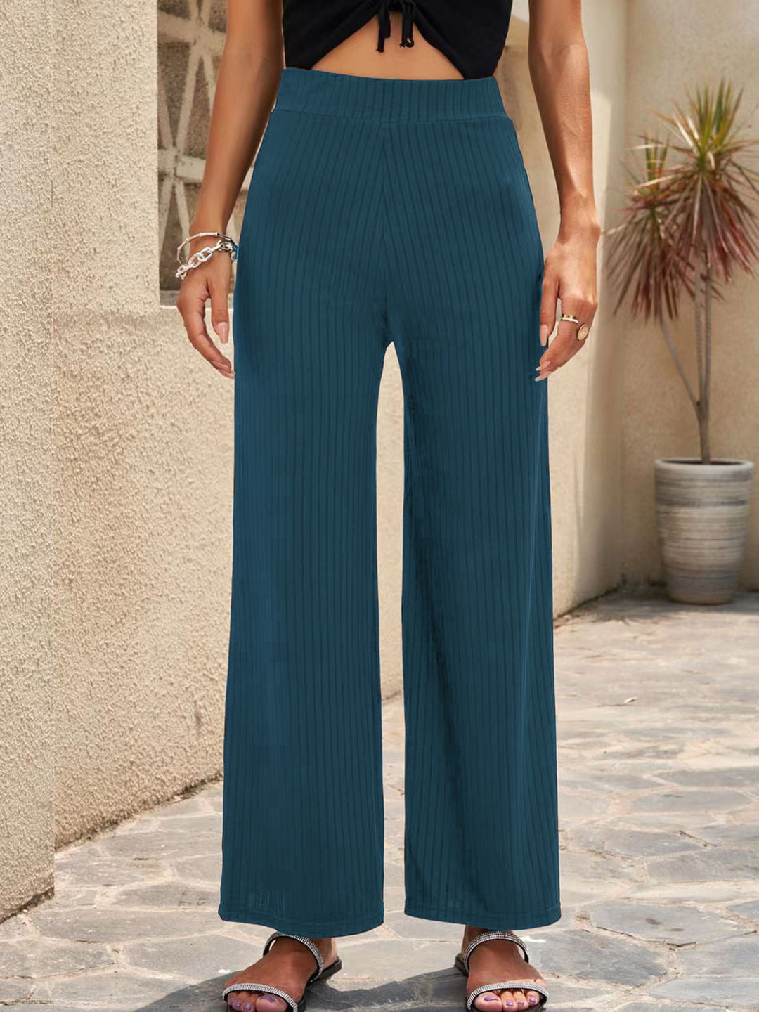 Damen Weite, gestreifte Plisseehose mit hohem Bund und elastischem Taillenbund