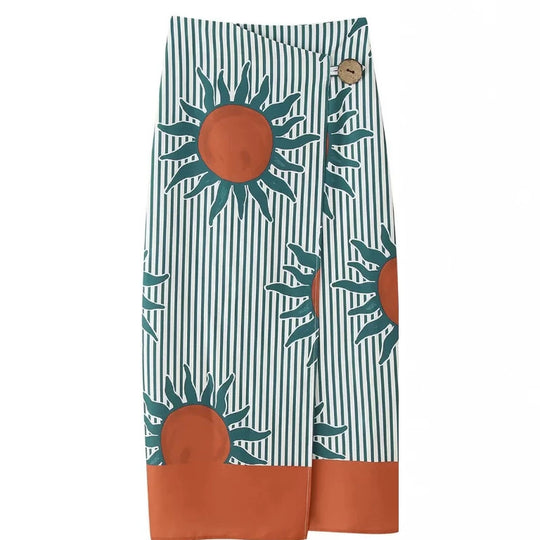 Damen Midirock Wickelrock mit Sonnendruck, vertikalen Streifen und Knopfverschluss Shop Nory