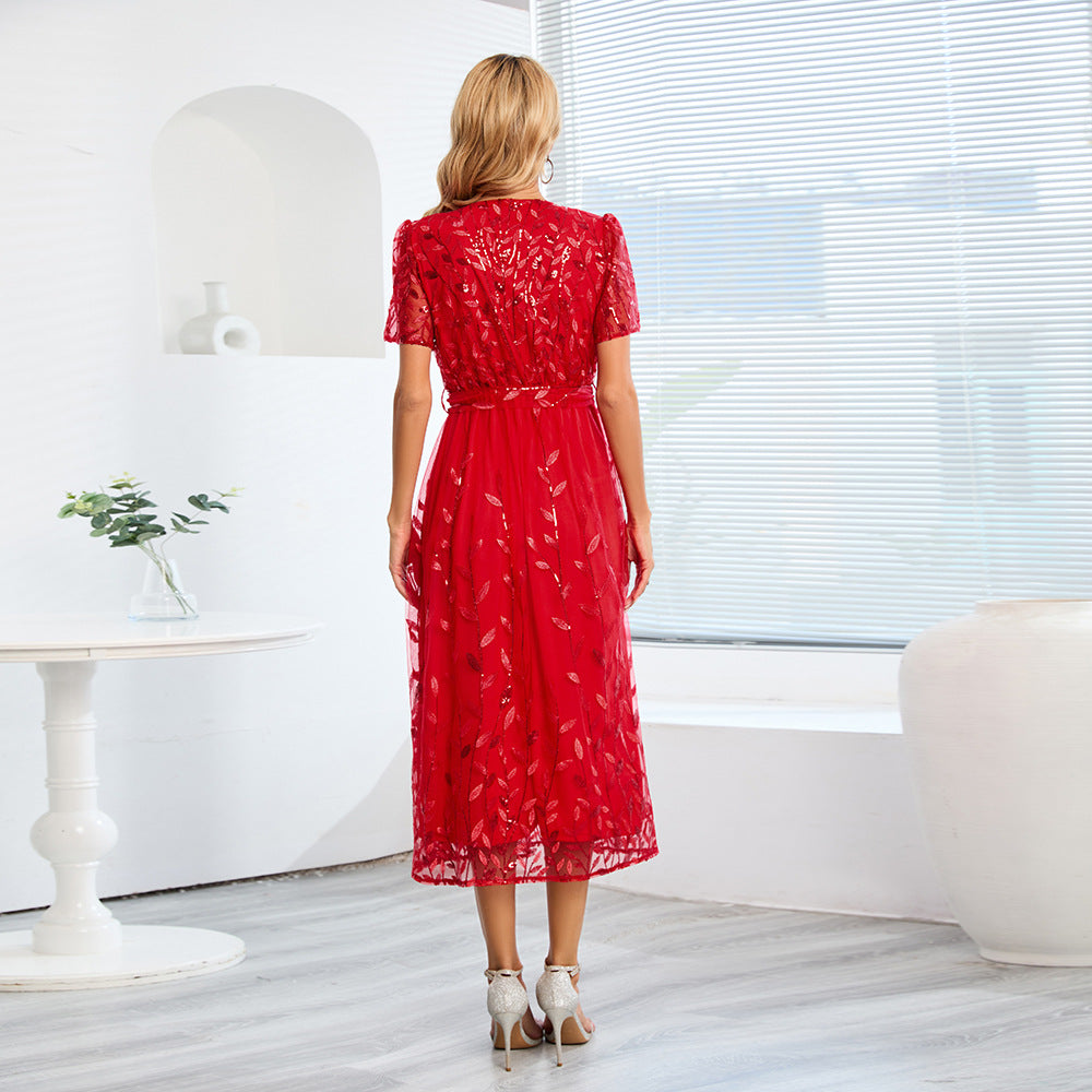 Kurzärmliges Kreuz V-Ausschnitt Gürtel Midi Kleid