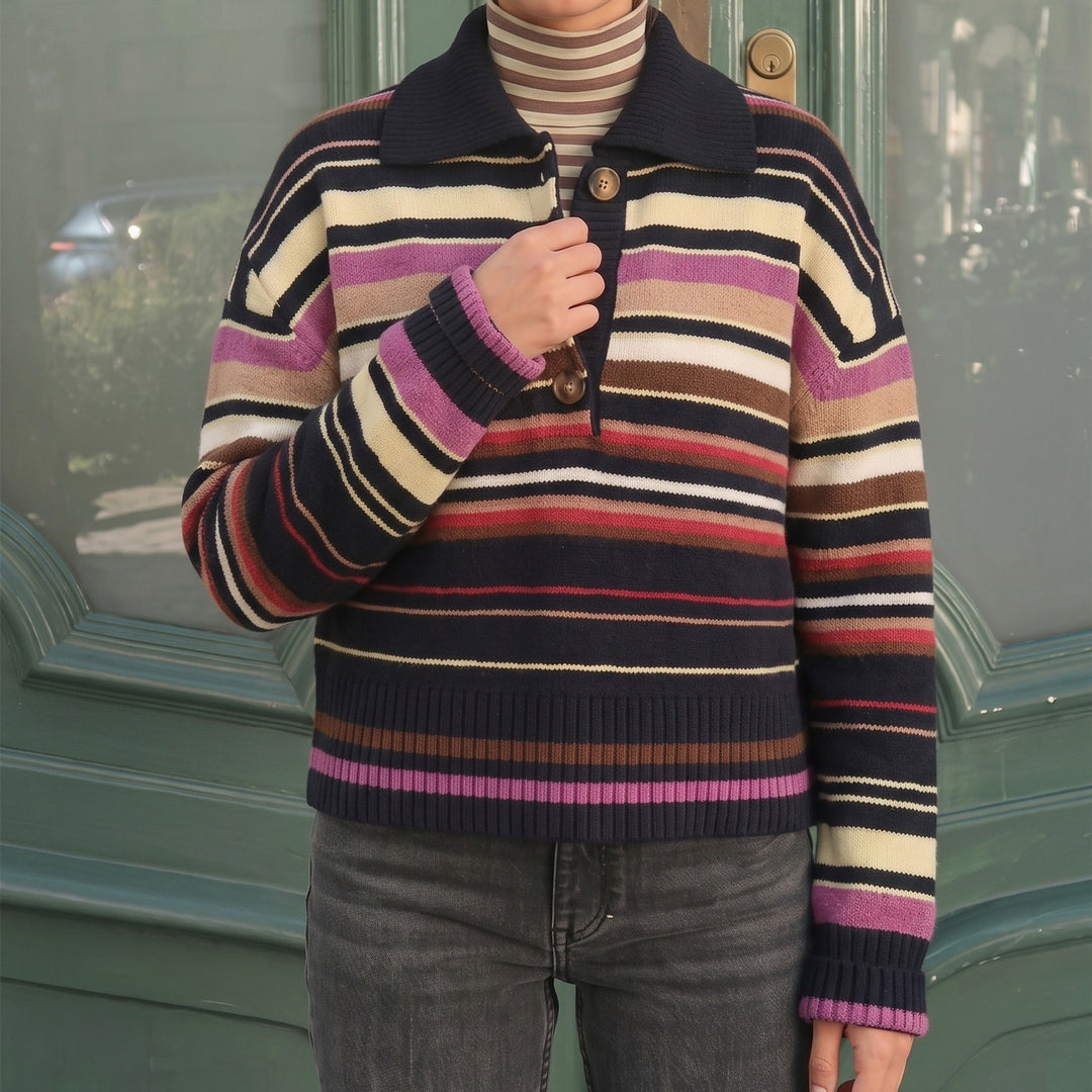 Damen Gestreifter Strickpullover mit Polokragen & Knopfleiste Shop Nory