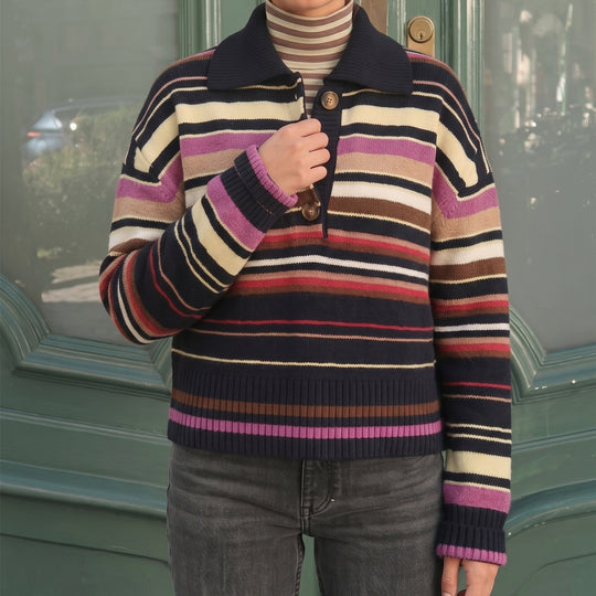 Damen Gestreifter Strickpullover mit Polokragen & Knopfleiste Shop Nory