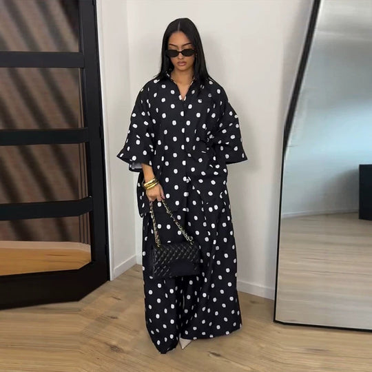 Damen Zweiteiliges Oversize-Blusen und Palazzo-Hosen Set mit Punktmuster Shop Nory