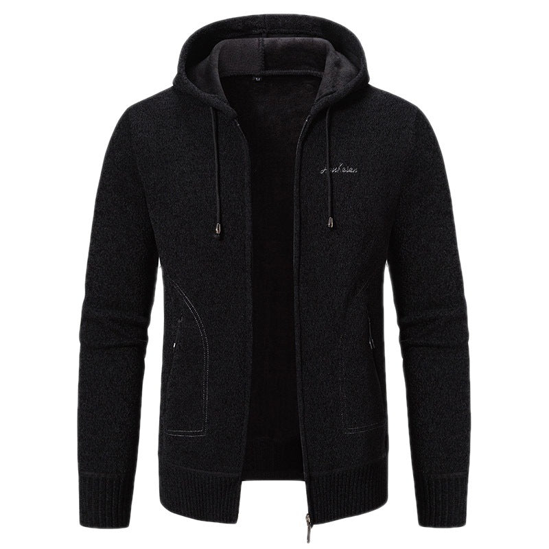 Herren warme Strickoptik-Zipjacke mit Teddyfutter, Kapuze und verdeckten Reißverschlusstaschen Shop Nory