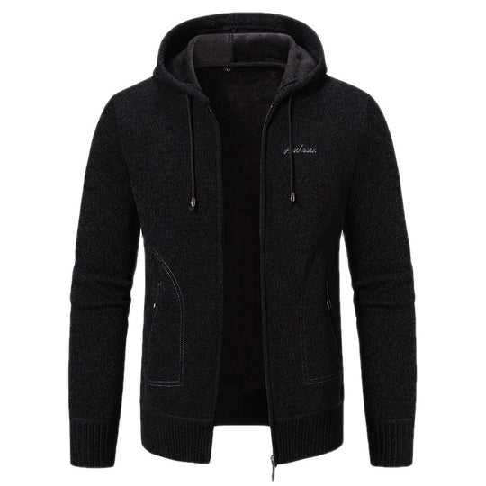 Herren warme Strickoptik-Zipjacke mit Teddyfutter, Kapuze und verdeckten Reißverschlusstaschen Shop Nory
