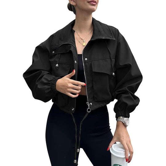 Damen Kurze Utility-Bomberjacke mit Kordelzug und Oversized-Ärmeln Shop Nory