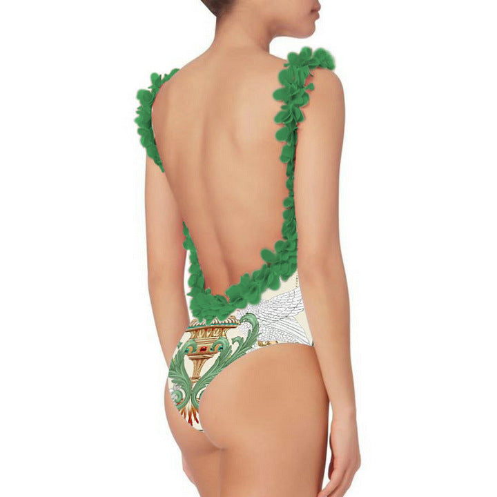 Damen Badeanzug-Set mit floraler Rüschendekoration und elegantem Maxirock