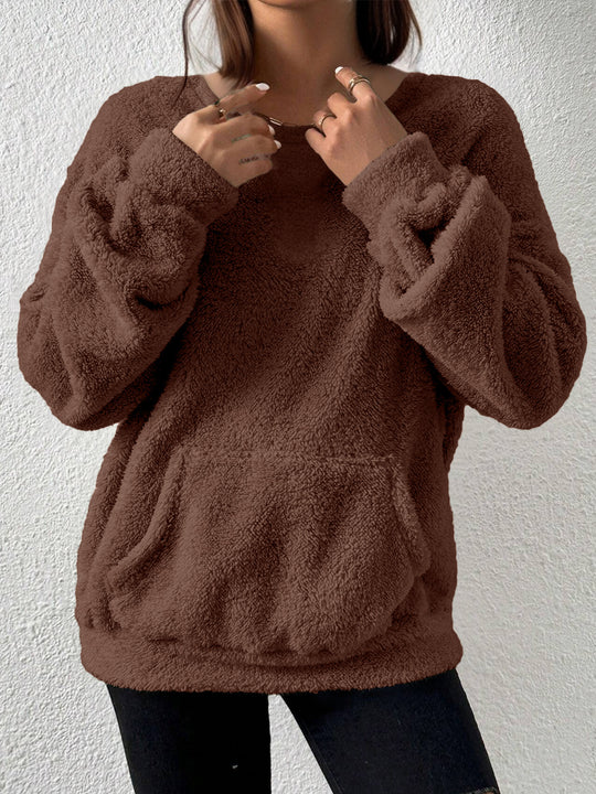 Damen Kuscheliger Teddy-Fleece-Pullover mit Kängurutasche Shop Nory