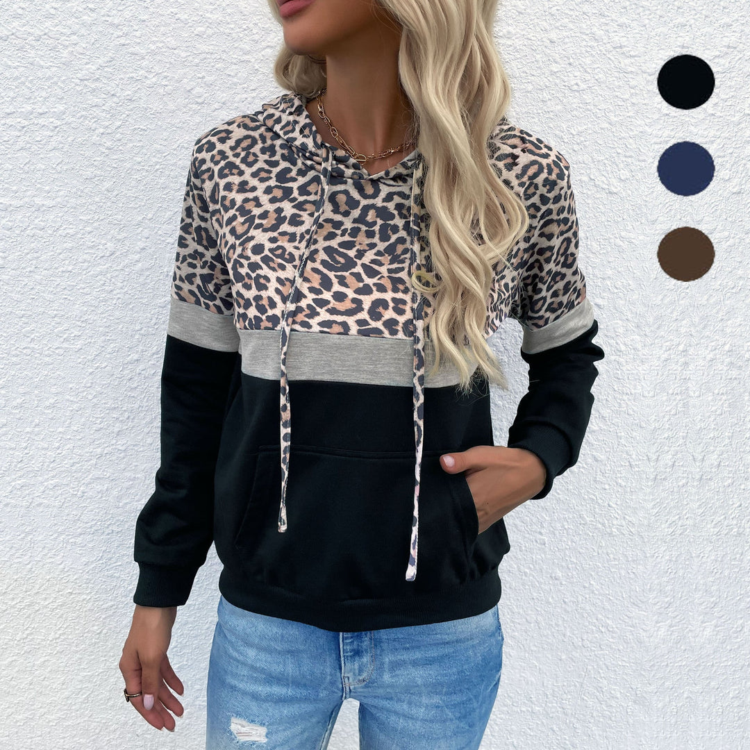 Damen Kapuzenpullover im Blockdesign mit Leopardenmuster, Kängurutasche und Tunnelzug Shop Nory