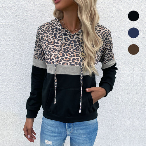 Damen Kapuzenpullover im Blockdesign mit Leopardenmuster, Kängurutasche und Tunnelzug Shop Nory