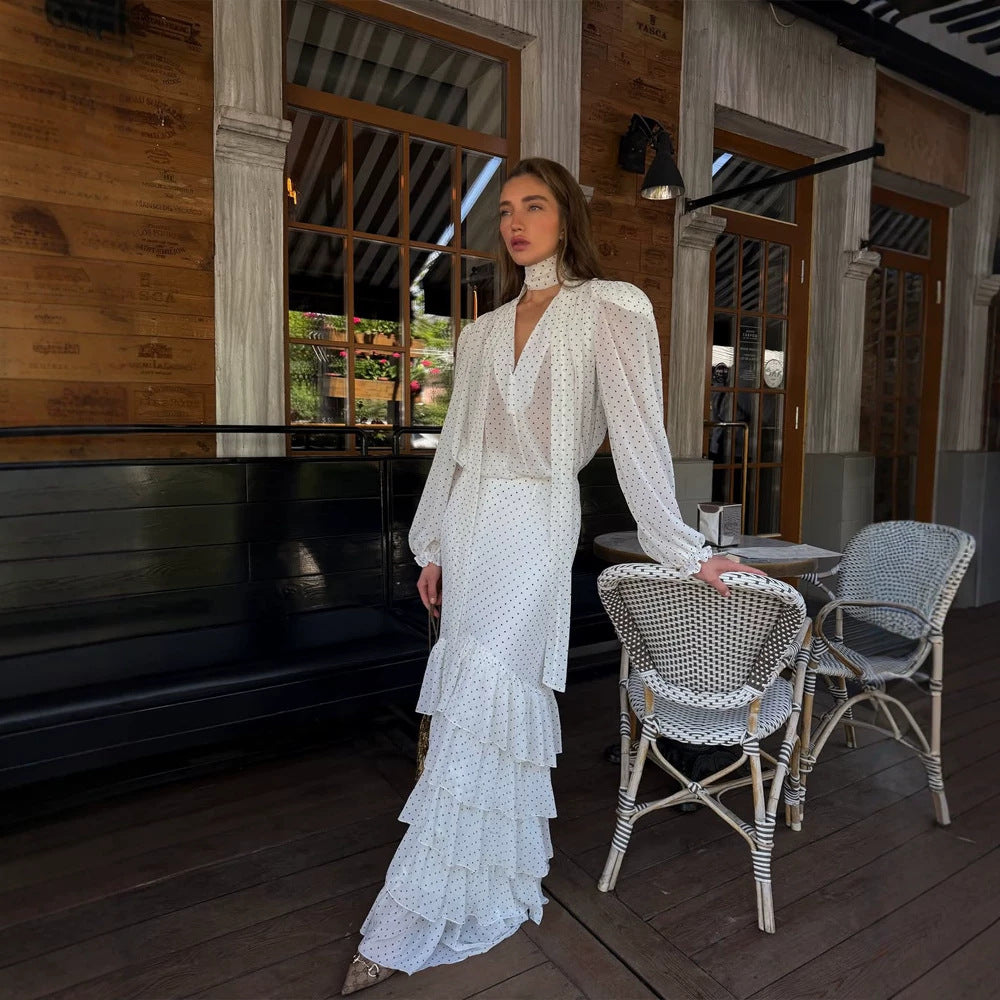 Damen Maxikleid aus Chiffon mit Wickeloberteil, Schluppe und gestuftem Volant‑Rock Shop Nory
