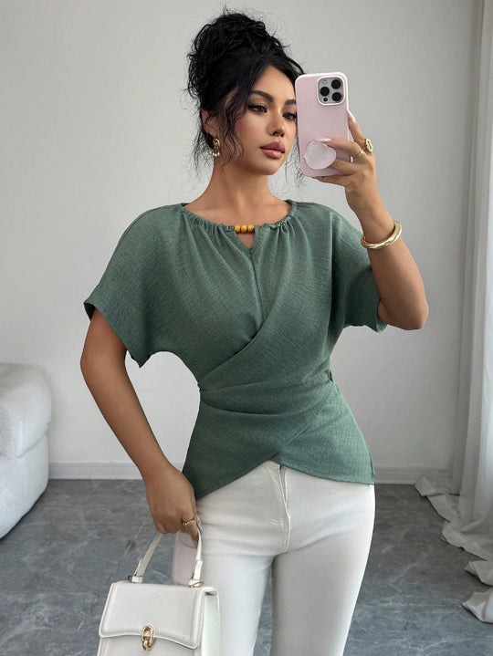 Damen Tailliertes Leinenoptik-Top mit Schlüsselöffnung, Perlen-Detail und Drapierung Shop Nory