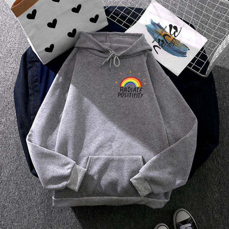 Damen nan lockerer Kapuzenpullover mit Regenbogen-Motiv, weichem Fleecefutter und Kängurutasche Shop Nory