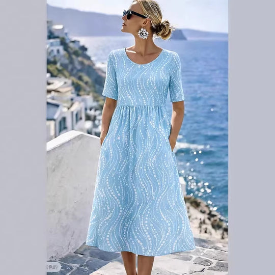 Damen Leichtes Midikleid mit Empire-Taille, halblangen Ärmeln und Eingrifftaschen Shop Nory