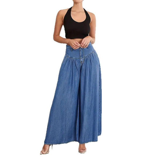 Damen Hochtaillierte Denim-Palazzohose mit geraffter Kellerfalte und extra weitem Bein Shop Nory