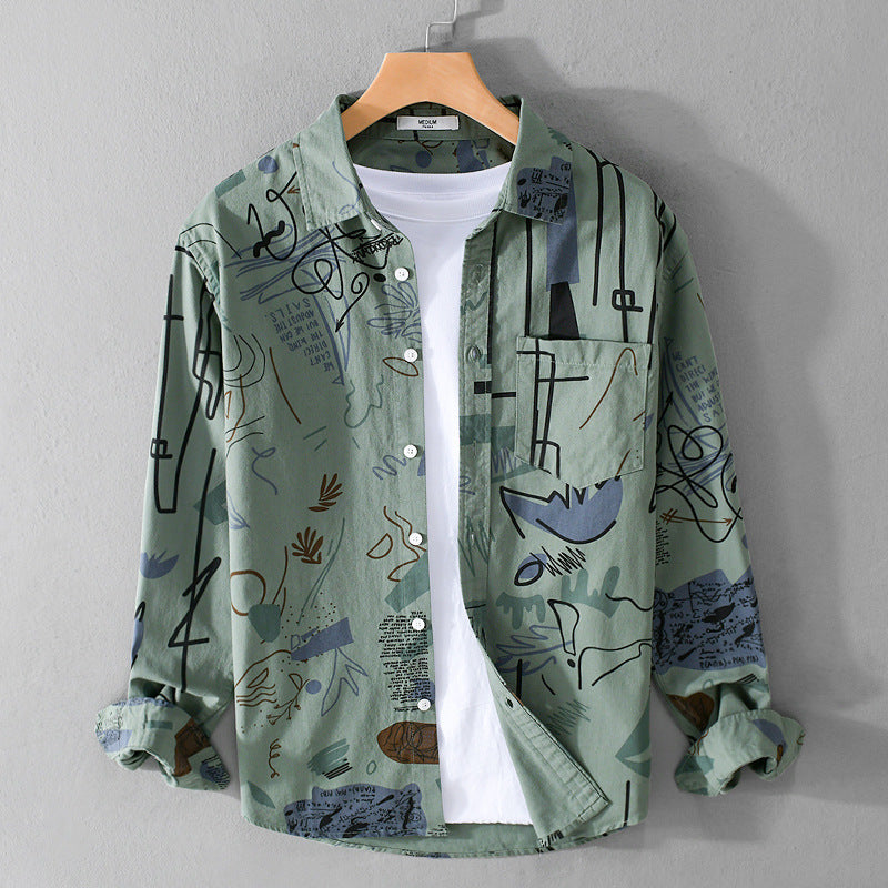Herren Lockeres Hemdjacken-Overshirt mit abstraktem Skizzenprint, Brusttasche und weichem Baumwollgriff Shop Nory