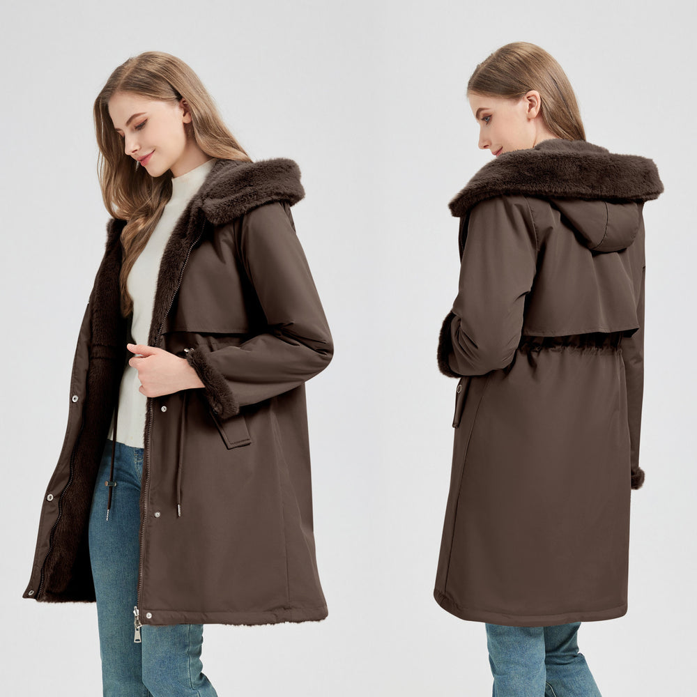 Damen nan taillierter langer Thermoparka mit Webpelzbesatz an Kapuze und Ärmeln sowie Kordeltaille Shop Nory