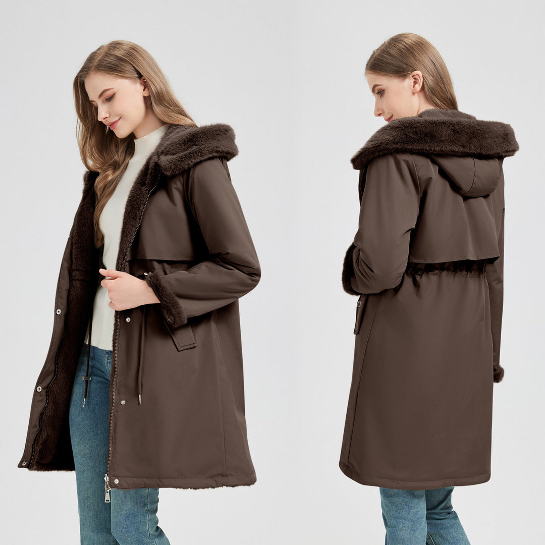 Damen nan taillierter langer Thermoparka mit Webpelzbesatz an Kapuze und Ärmeln sowie Kordeltaille Shop Nory