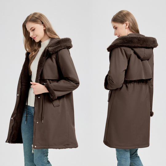 Damen nan taillierter langer Thermoparka mit Webpelzbesatz an Kapuze und Ärmeln sowie Kordeltaille Shop Nory