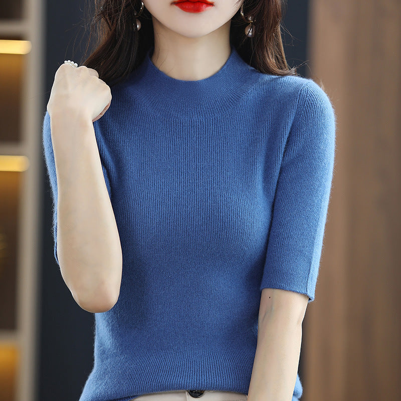 Damen Kurzarm-Feinstrickpullover mit Stehkragen und taillierter Passform Shop Nory