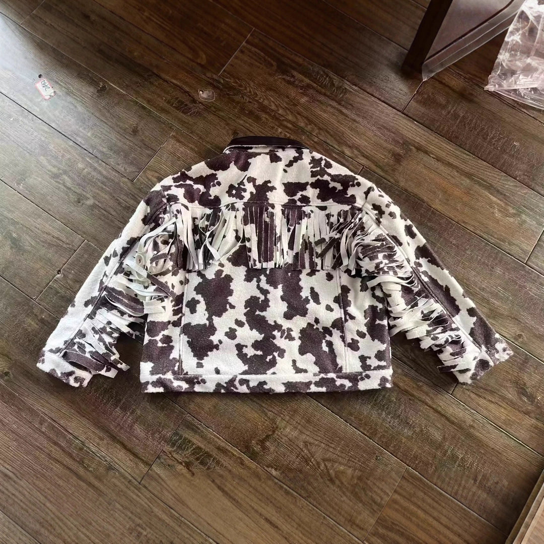 Damen Teddy-Truckerjacke mit Kuhfleckenmuster und Kunstlederkragen Shop Nory